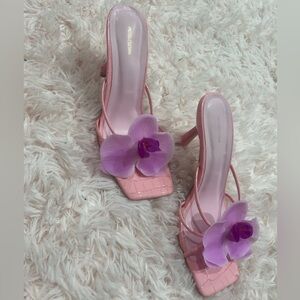 Pretty Little Thing Pink Heels with Purple Floral Accent